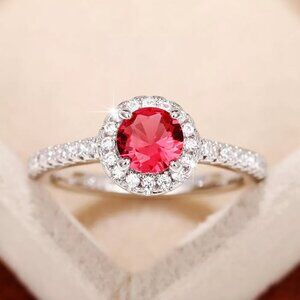 NEW 14k White Gold Ruby Diamond Ring Halo Round Cut